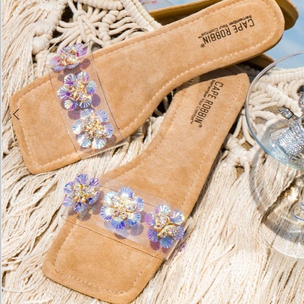 Nude Flats with rhinestone butterflies
